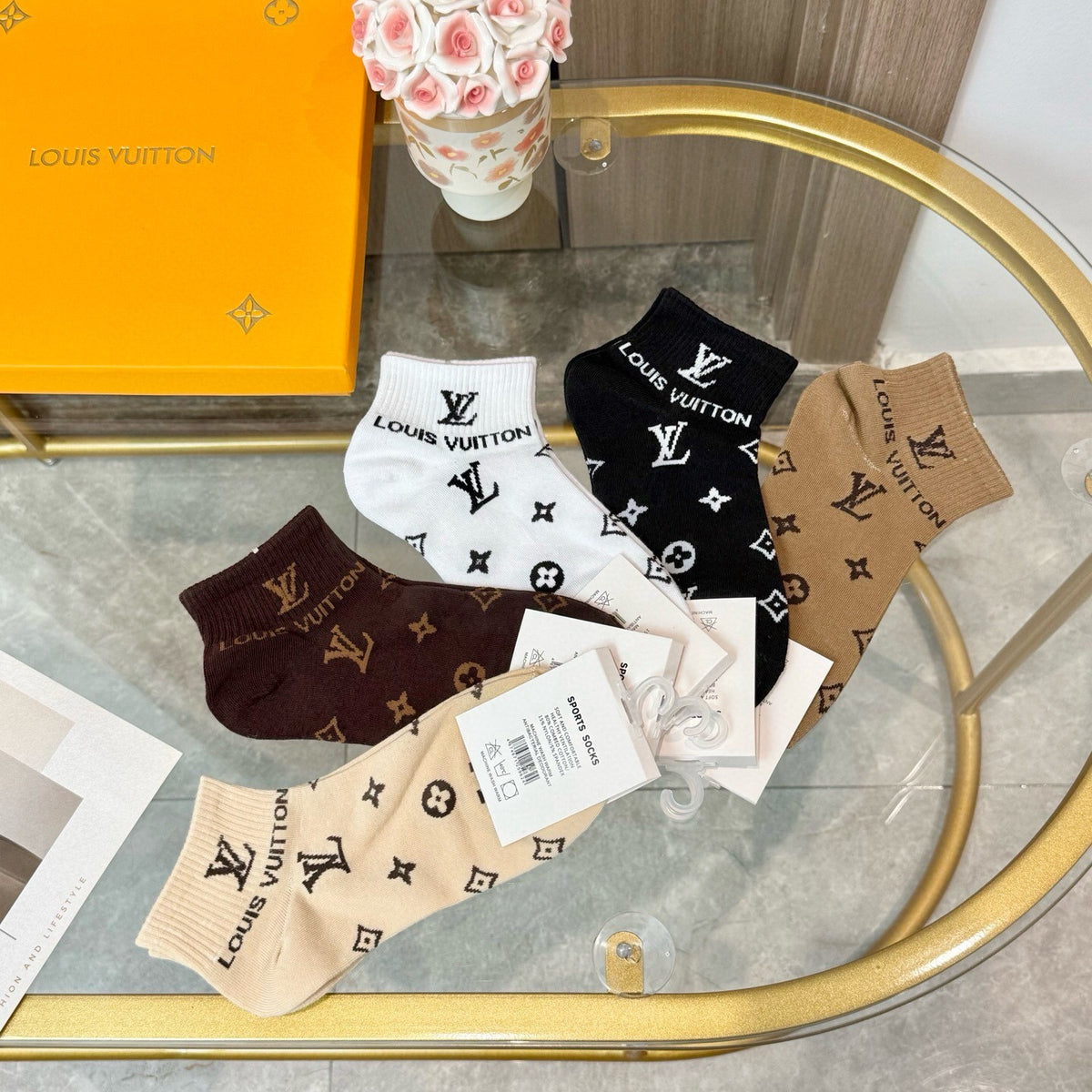 Louis Vuitton Earthy Black White Repeating Motifs Crew Socks, image 9