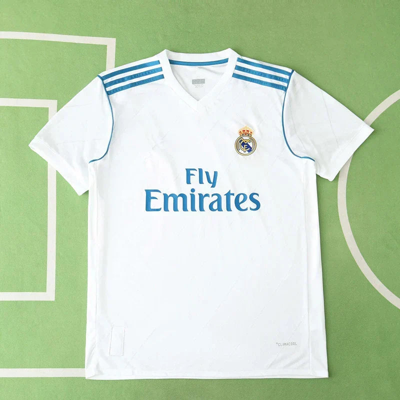 Real Madrid CF Home Retro Fan Version Jersey 2017/18 – White Football Shirt with Sky Blue Trim