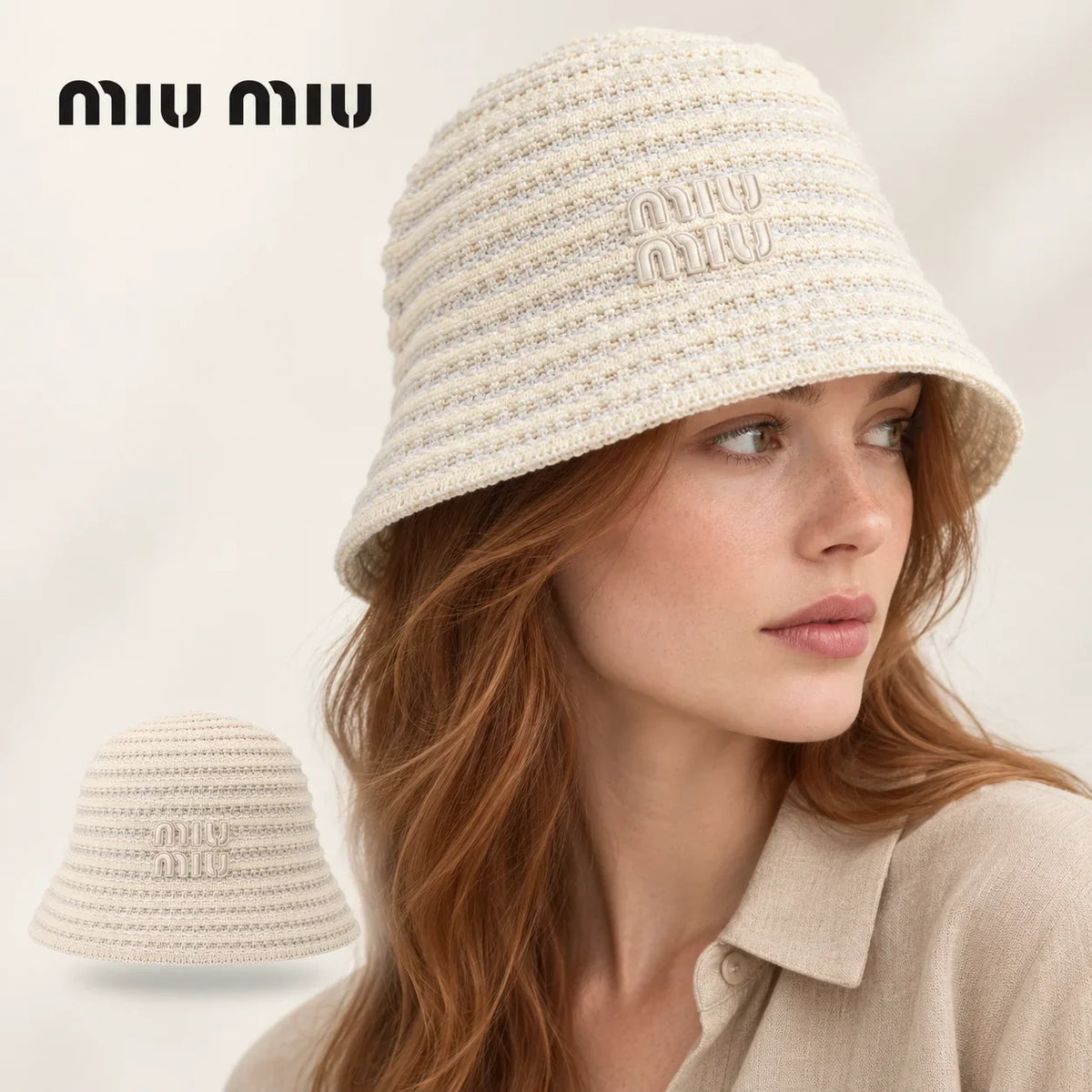 miu miu bucket hat worn by a female model, with product detail inset.