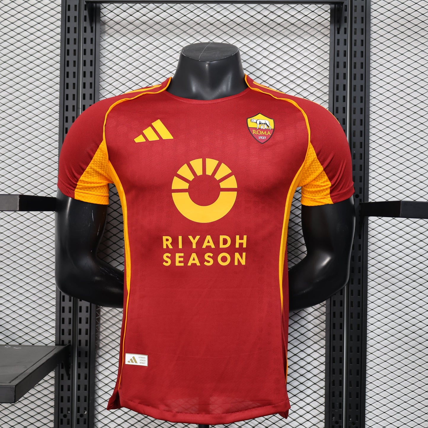 2025/26 AS Roma Home Player Version Jersey - Claret Dark Red Body - Gold Yellow Side Panels & Sleeves - Riyadh Season Gold Yellow Sponsor
