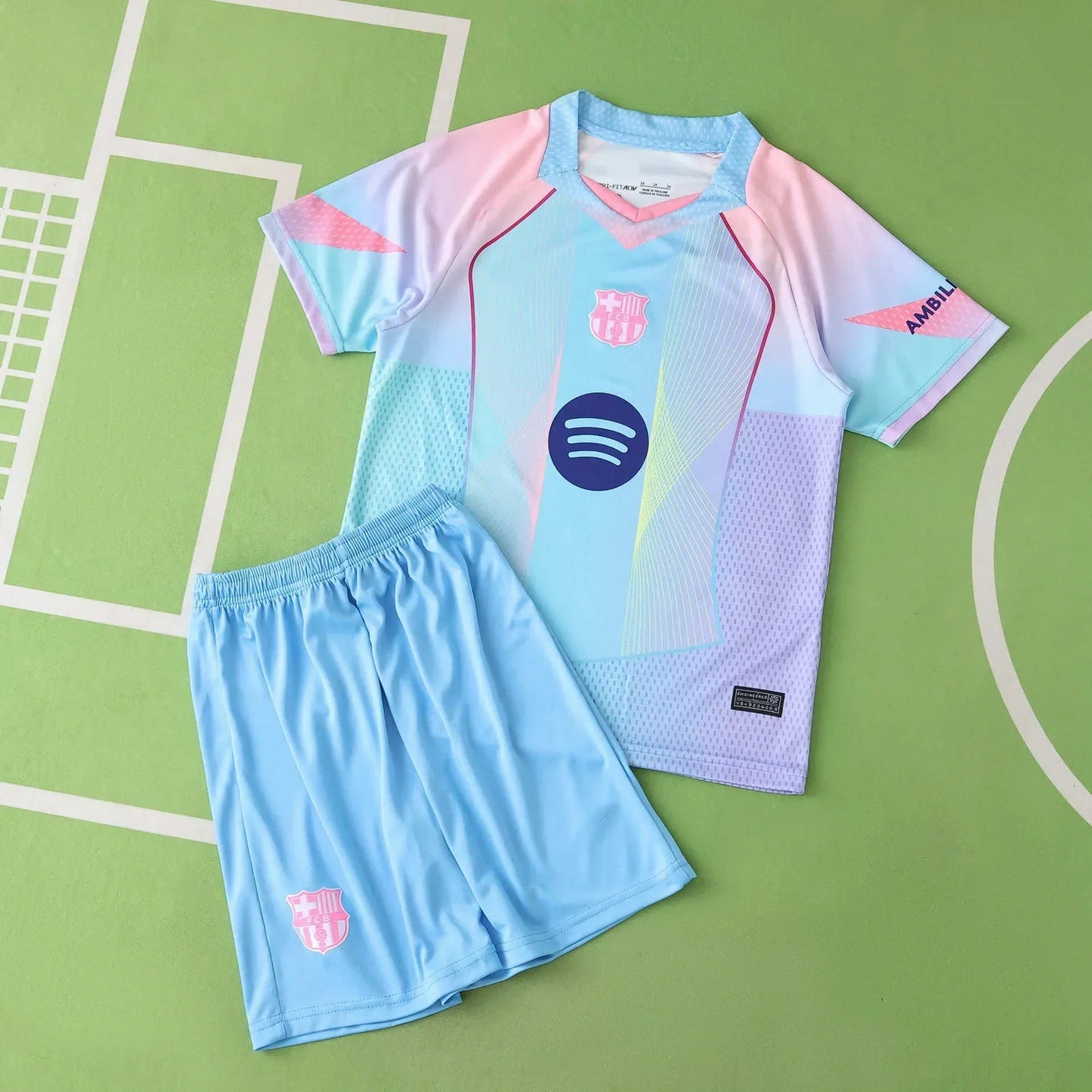 FC Barcelona Concept Kids Kit 2025/26 — Sky Blue & Pink Gradient Jersey & Shorts Set