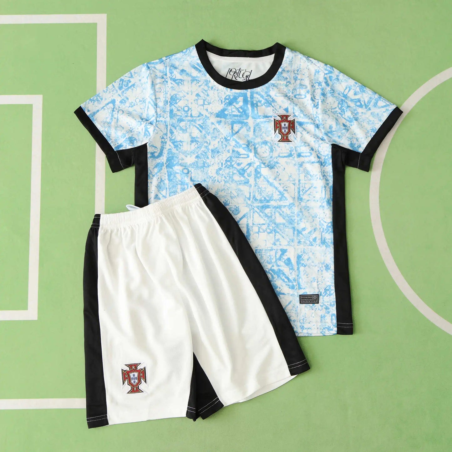 Portugal Away Kids Kit 2024 – White & Blue Azulejo Print Children's Football Jersey | FPF Youth Kit