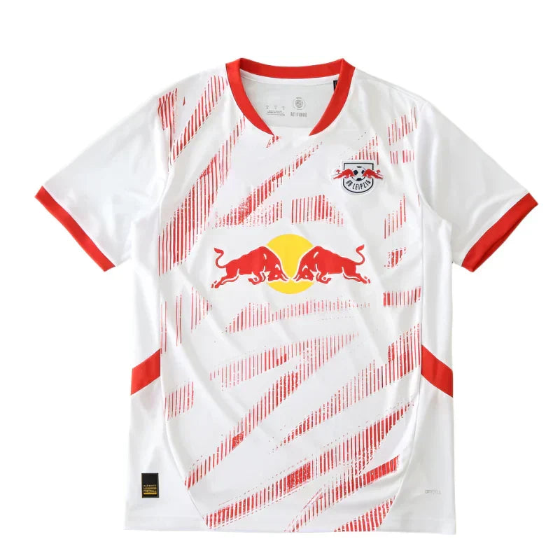 RB Leipzig Home Fan Version 2024/25 – White & Red Diagonal Stripe Print Bundesliga Football Jersey | Red Bull Crest