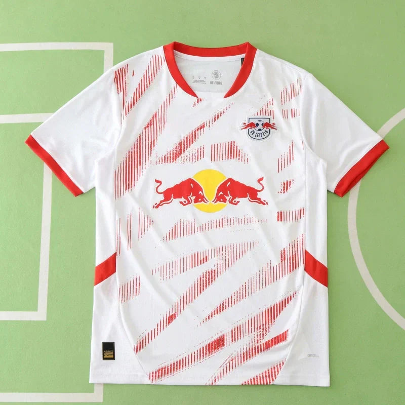 RB Leipzig Home Fan Version 2024/25 – White & Red Diagonal Stripe Print Bundesliga Football Jersey | Red Bull Crest