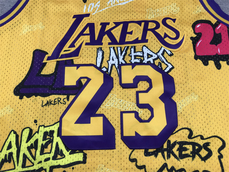 LeBron James #23 Los Angeles Lakers Gold 2018-19 Graffiti Edition Mitchell & Ness Hardwood Classics Swingman Jersey