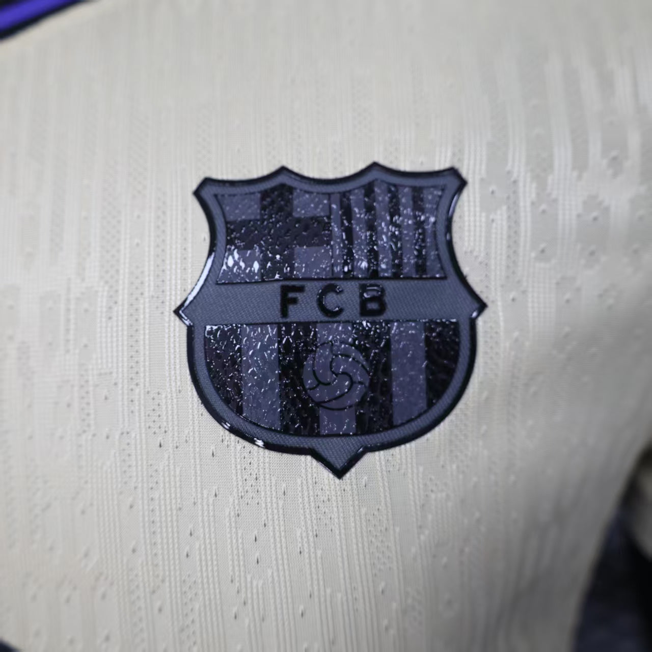 2025/26 FC Barcelona Away Player Version Jersey - Dri-FIT ADV - Champagne Off-White Body - Purple Crew Neck Collar - Black Shoulder Panels - Black FCB Crest - Spotify Black Sponsor