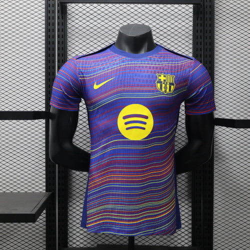 2025/26 FC Barcelona Pre-Match Player Version Jersey - Men's - Deep Purple-Blue Body Multicolour Wave Stripe - Dark Navy Crew Neck - Yellow Swoosh - FCB Crest - Spotify Yellow Sponsor