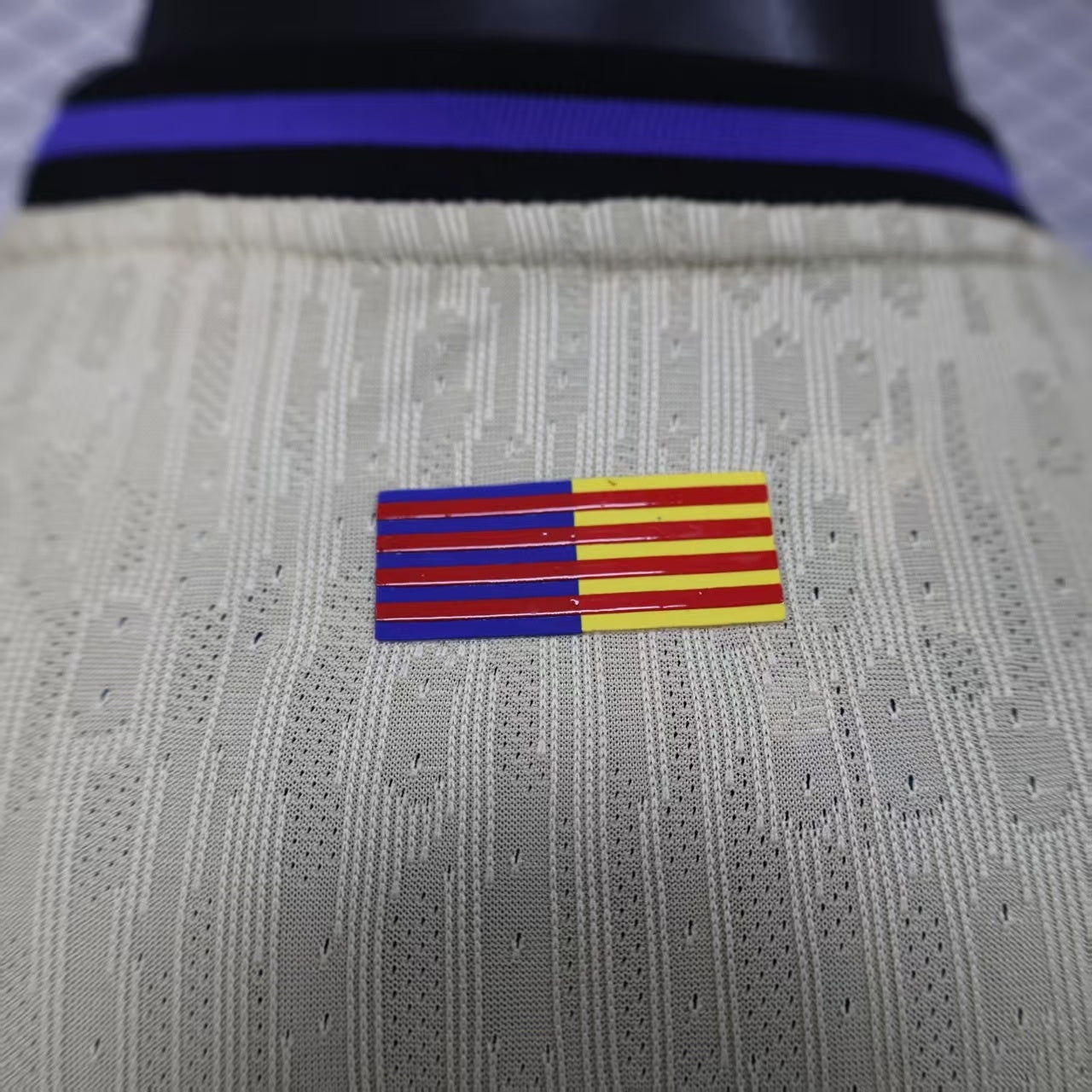 2025/26 FC Barcelona Away Player Version Jersey - Men's - Dri-FIT ADV - Champagne Off-White Body - Purple Crew Neck Collar - Black Shoulder Panels - Black FCB Crest - Spotify Black Sponsor