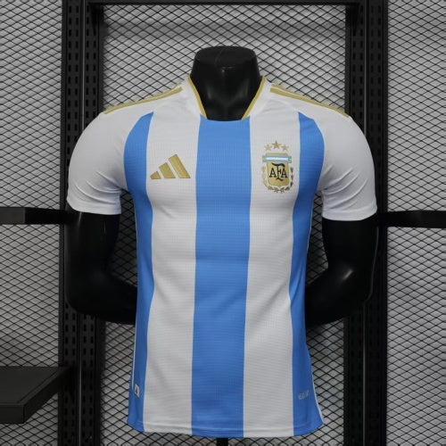 2025/26 Argentina Home Player Version Jersey - White Body Sky Blue Vertical Stripes Three Gold Stars - Gold Three Stripes - AFA Crest - Men's
