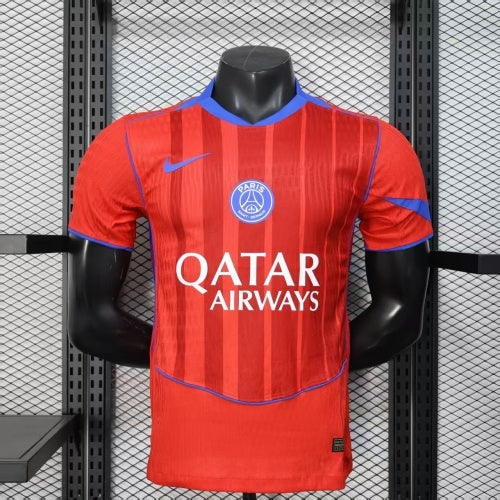 2025/26 PSG Third Away Player Version Jersey -  Red Blue - Qatar Airways - Tonal Vertical Stripe - Blue Collar Piping