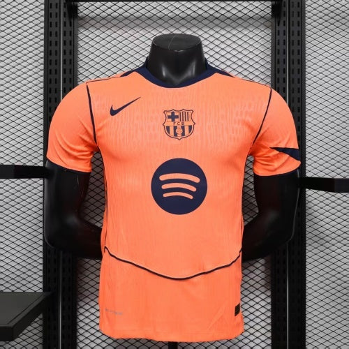 2025/26 FC Barcelona Away Player Version Jersey - Orange Body - Dri-FIT ADV - Navy Blue Crew Neck - Navy Blue Sleeve Cuffs & Side Seam Piping - Navy Blue Nike Swoosh - FCB Orange Monochrome Crest - Spotify Navy Blue Sponsor