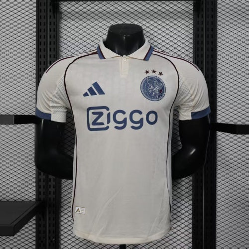 2025/26 Ajax Away Off-White Player Version Jersey - Ziggo - Navy Polo Collar - Four Stars