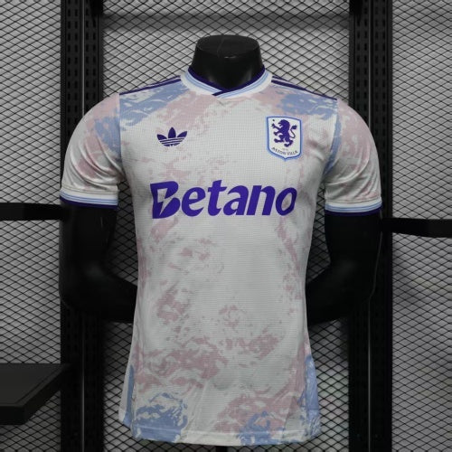 2025/26 Aston Villa Away Player Version Jersey - White Body All-Over Blue Pink Watercolour Wash Camo Graphic Dark Navy V-Neck Collar Dark Navy Sleeve Cuff Trim - Originals Trefoil - Aston Villa Lion Shield Crest - Betano - Men's