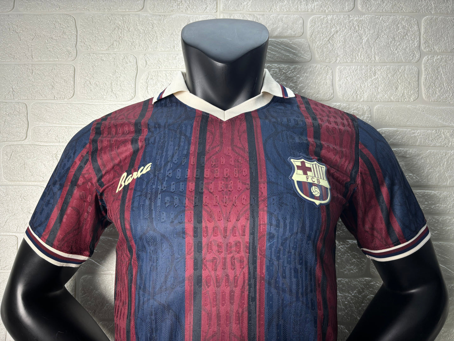2025/26 FC Barcelona 125th Anniversary Edition Player Version Jersey - Dark Navy Blue & Deep Red Vertical Stripe - White V-Neck Collar - Gold Barça Script - Vintage FCB Crest - Clean Chest
