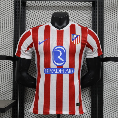 2025/26 Atlético de Madrid Home Player Version Jersey -  Red & White Vertical Wide Stripe - White V-Neck Collar - Blue Nike Swoosh - Atlético Crest - Riyadh Air Blue Sponsor