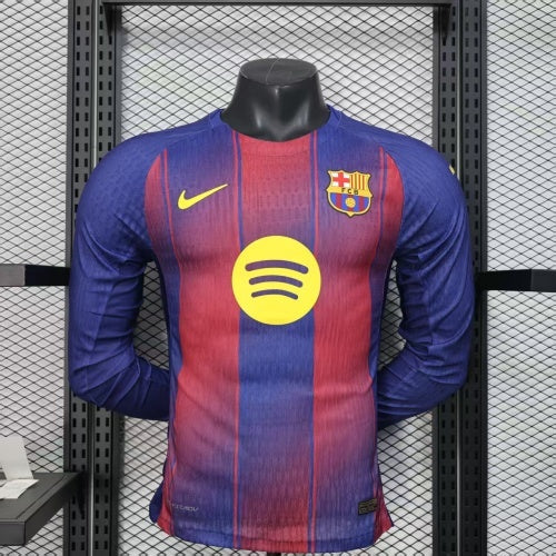 2025/26 FC Barcelona Home Long Sleeve Player Version Jersey - Men's - Dri-FIT ADV - Royal Blue & Deep Red Vertical Wide Stripe - White Crew Neck - Yellow Nike Swoosh - FCB Crest - Spotify Yellow Sponsor