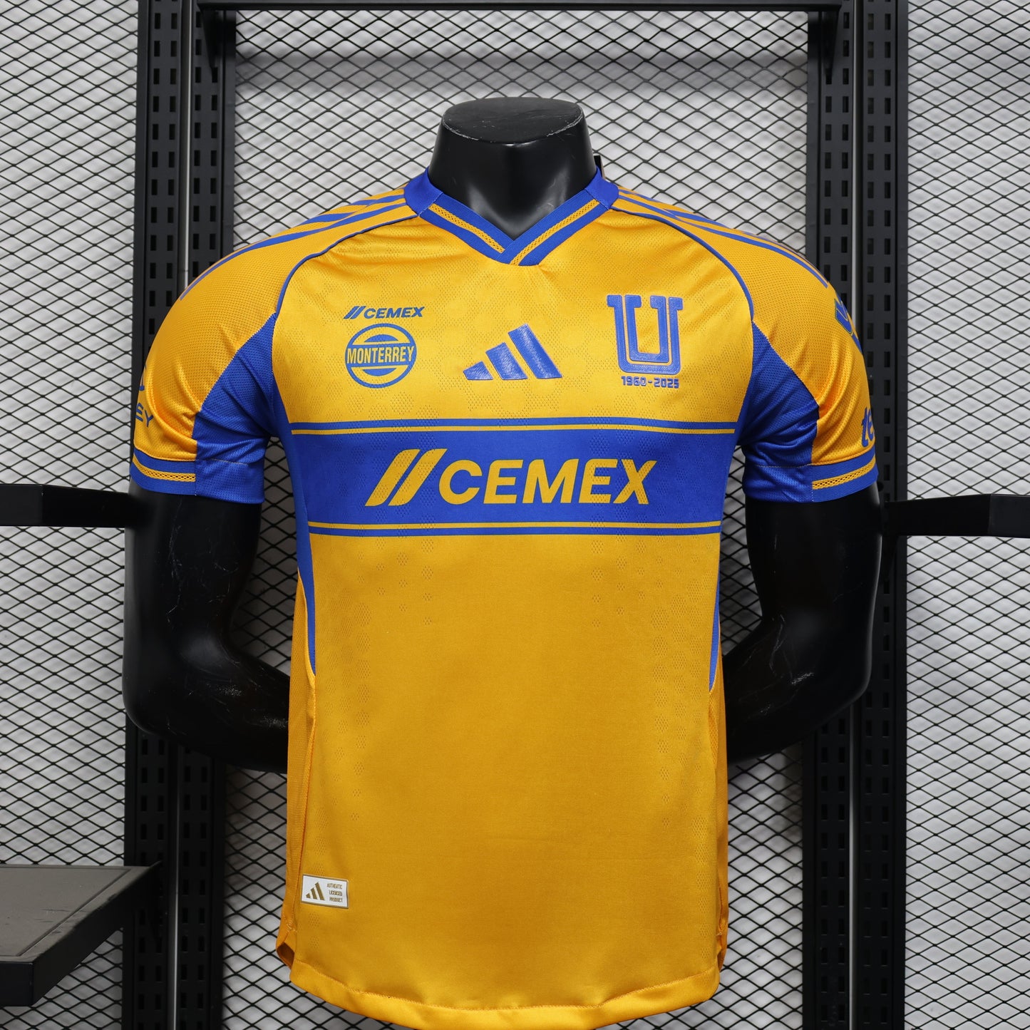 2025/26 Tigres UANL Home Player Version Jersey 65th Anniversary - Gold Yellow Body - Wide Blue Horizontal Stripe Band - Blue Sleeves - CEMEX Gold Sponsor - Tigres U 1960-2025 Crest