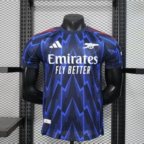 2025/26 Arsenal Away Player Version Jersey - Dark Navy Blue Body All-Over Blue Lightning Bolt Zigzag Graphic Red Sleeve Cuff Trim - White Three Stripes - Arsenal Cannon Crest - Emirates Fly Better - Men's