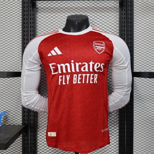 2025/26 Arsenal Home Player Version Long Sleeve Jersey - Red Body White Long Sleeves Diamond Mesh Texture All-Over Subtle Graphic - White Three Stripes - Arsenal Shield Crest - Emirates Fly Better - Men's