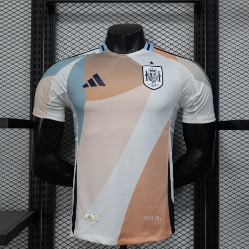 2025/26 Spain Pre-Match Player Version Jersey -White Body - Desert Tan Apricot & Light Blue-Grey Diagonal Colour Block Panels - Dark Navy Crew Neck Collar - RFEF Crest