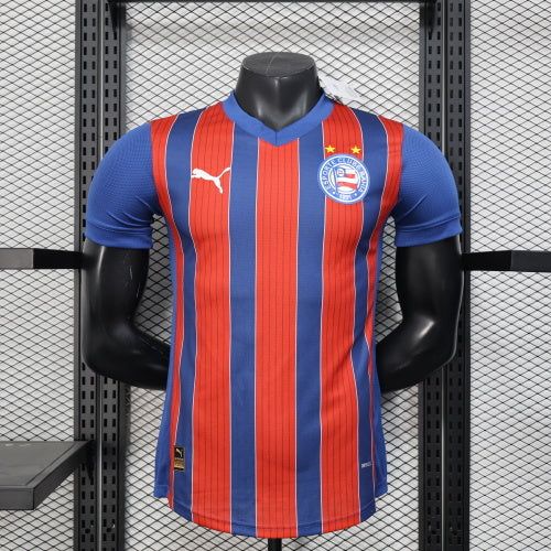 2025/26 Bahia Away Player Version Jersey  - Blue & Red Vertical Wide Stripe - Blue V-Neck Collar - White Puma Logo - Bahia Crest Three Gold Stars - Clean Chest