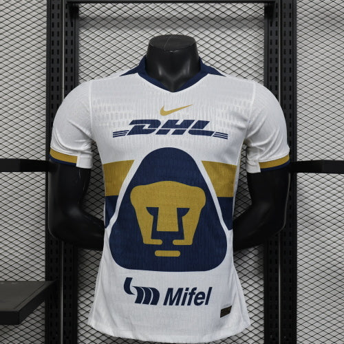 2025/26 Pumas UNAM Home Player Version Jersey -  White Navy Blue Gold Chest Panel - DHL - Mifel - Pumas Lion Crest