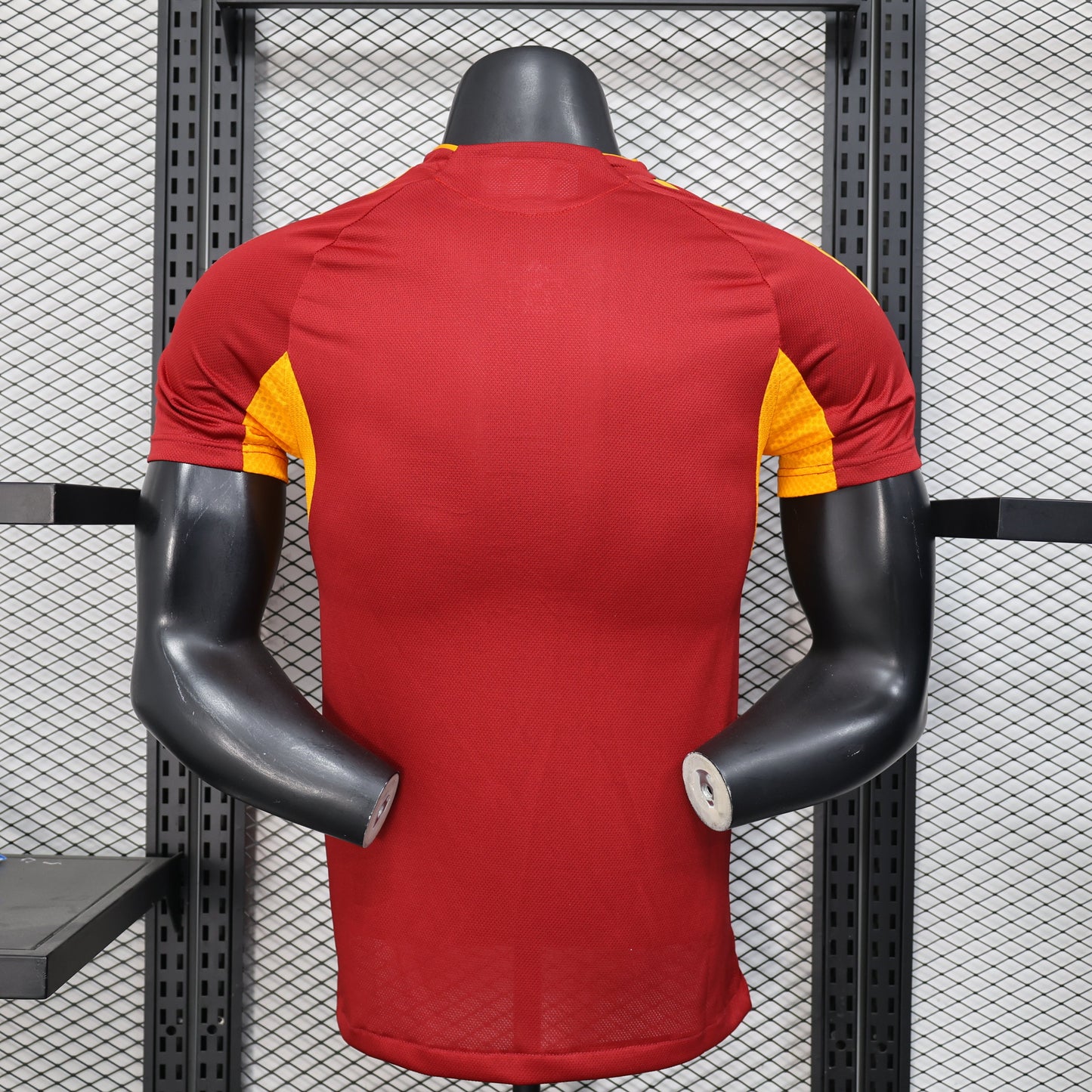 2025/26 AS Roma Home Player Version Jersey - Claret Dark Red Body - Gold Yellow Side Panels & Sleeves - Riyadh Season Gold Yellow Sponsor