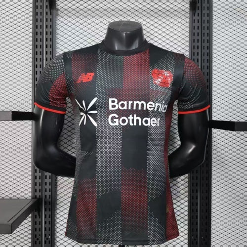 2025/26 Bayer Leverkusen Home Player Version Jersey - Black Dark Red Vertical Stripe All-Over Dot Texture -  Crew Neck Red Trim - Red Sleeve Cuffs - Bayer Leverkusen Crest - Barmenia Gothaer Principal Sponsor