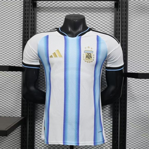 2025/26 Argentina Home Player Version Jersey - White Body Wide Sky Blue Vertical Stripes Diamond Mesh Texture Three Gold Stars Black Sleeve Cuff Trim - Gold Three Stripes - AFA Crest - Men's