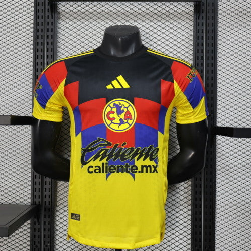 2025/26 Club América Home Player Version Jersey - Yellow Body Black Upper Chest Red Blue Geometric Colour Block Panels - Yellow Three Stripes - Club América Crest - Caliente.mx Principal Sponsor