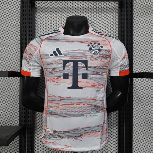 2025/26 Bayern Munich Away Player Version Jersey - White Body Red & Grey Horizontal Brushstroke Graphic - Orange Sleeve Cuffs - Black Adidas Three Stripes - FC Bayern Crest - Deutsche Telekom T Logo