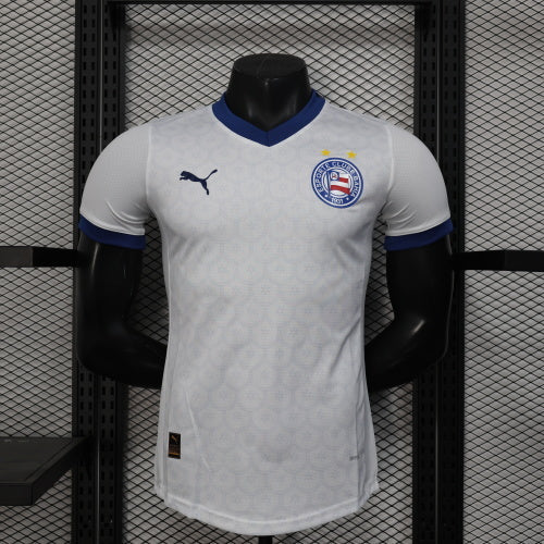 2025/26 Bahia Home Player Version Jersey -  White Body - Dark Navy Blue V-Neck Collar & Sleeve Cuffs - Black Puma Logo - Bahia Crest Three Gold Stars - Clean Chest