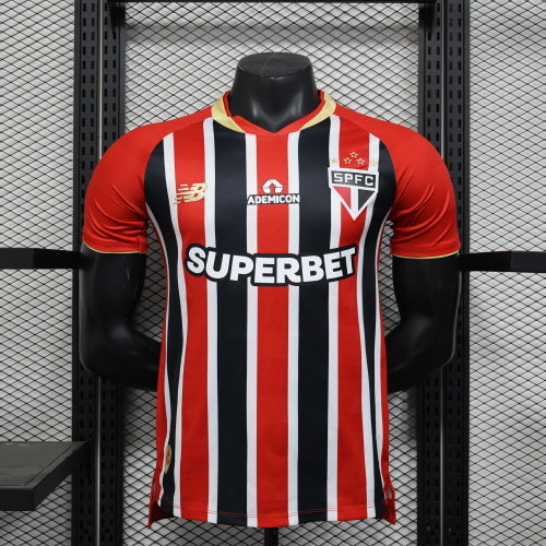 2025/26 São Paulo FC Away Player Version Jersey - New Balance - Red Black White Vertical Thin Stripe - Gold V-Neck Collar - SUPERBET White Sponsor