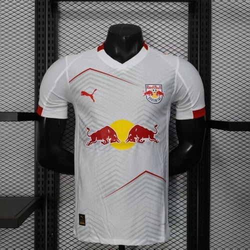 2025/26 RB Leipzig Home Player Version Jersey - White Red Geometric Arrow Chevron Pattern - Red Bull Double Bull Yellow Sun Crest
