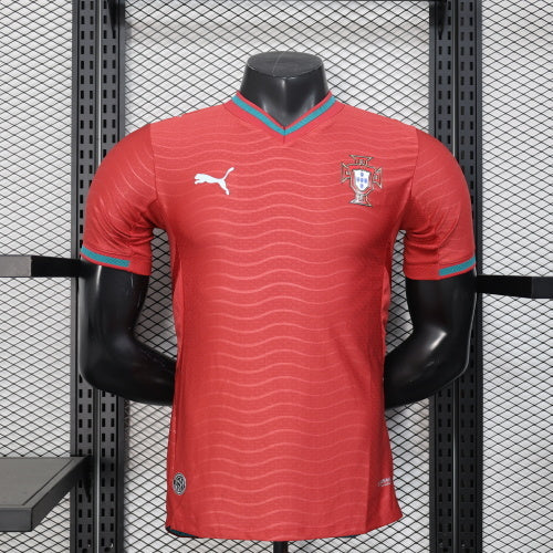 2025/26 Portugal National Team Home Player Version Jersey - Red Tonal Wavy Stripe - Teal V-Neck Collar & Cuff Trim - FPF Crest