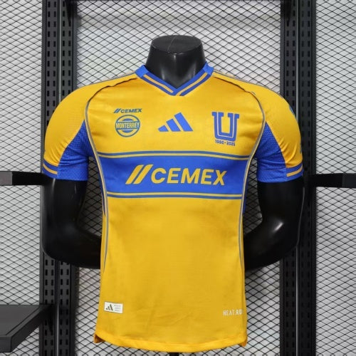 2025/26 Tigres UANL Home Player Version Jersey - Gold Yellow Body - Blue Horizontal Stripe Band - Blue Sleeves - CEMEX Blue Sponsor - Tigres U Crest