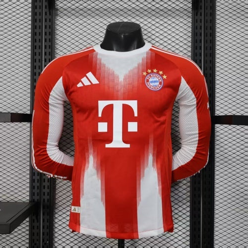 2025/26 Bayern Munich Home Long Sleeve Player Version Jersey - Red Body White Jagged Side Panels -  Long Sleeve - FC Bayern Crest - Deutsche Telekom T Logo White