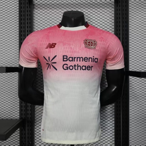 2025/26 Bayer Leverkusen Away Player Version Jersey - Pink-to-White Gradient - New Balance - Crew Neck Dark Red Trim - Bayer Leverkusen Crest - Barmenia Gothaer Principal Sponsor