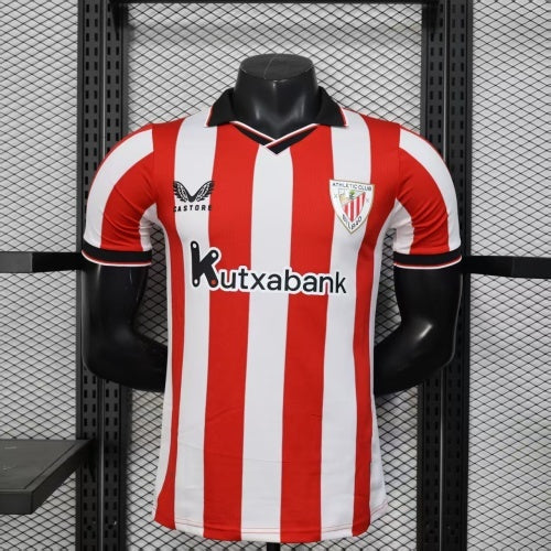 2025/26 Athletic Bilbao Home Player Version Jersey - Red White Vertical Stripe Body Black V-Neck Collar Black Sleeve Cuff Trim - Castore Logo - Athletic Club Official Shield Crest - Kutxabank - Men's
