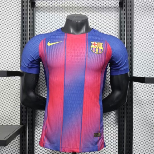 2025/26 FC Barcelona Home Player Version Jersey - Men's - Clean Chest No Sponsor - Dri-FIT ADV - Royal Blue & Deep Red Vertical Wide Stripe - White Crew Neck - Yellow Nike Swoosh - FCB Crest