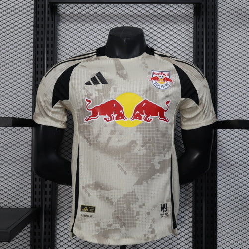 2025/26 New York Red Bulls Away Player Version Jersey - Adidas - Off-White Cream Desert Camouflage Pattern - Black Side Panels - Red Bull Double Bull Yellow Sun Crest