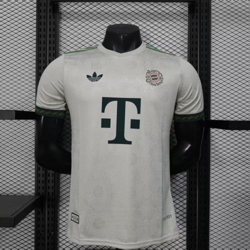 2025/26 Bayern Munich Beer Edition Player Version Jersey - Off-White Body - Dark Green Crew Neck Trim & Sleeve Cuffs - Bayern Munich Dark Green Special Crest - Deutsche Telekom T Dark Green Principal Sponsor