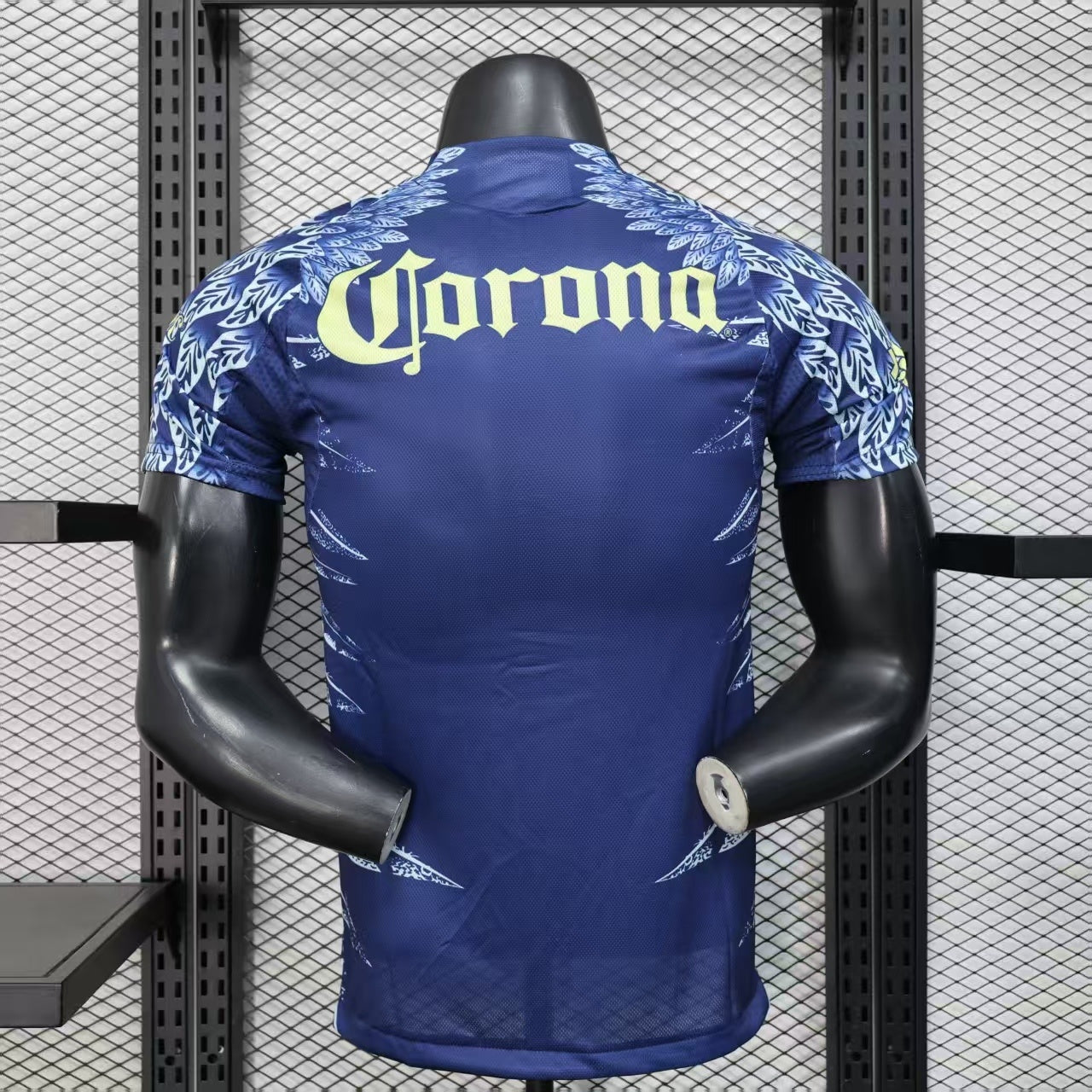 2025/26 Club América Away Player Version Jersey - Dark Navy Blue Body All-Over Aztec Eagle Deity Embossed Graphic -  Yellow-Green Three Stripes - Club América Crest - Caliente.mx Principal Sponsor