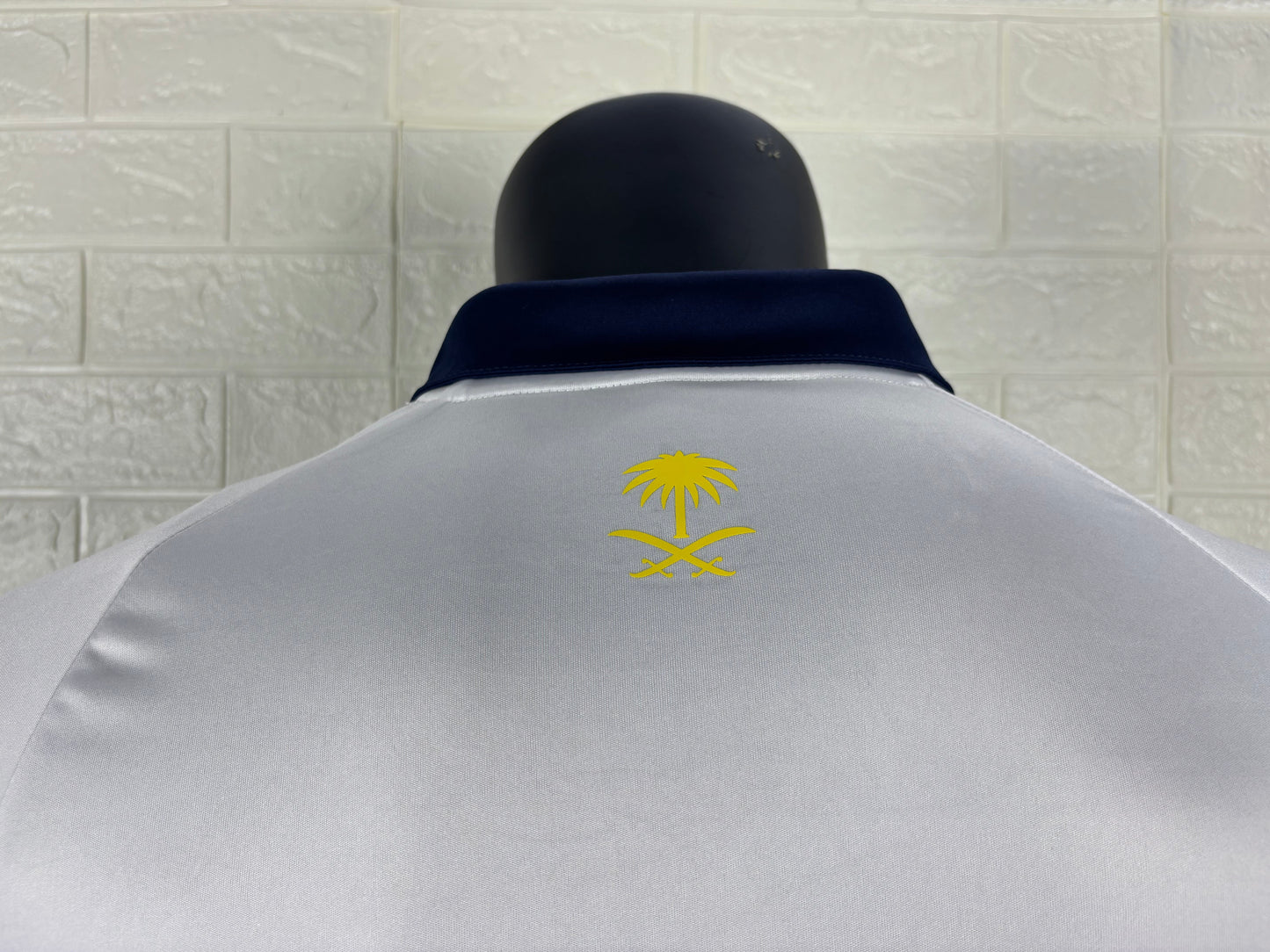 2025/26 Al-Nassr Away Player Version Jersey - White Body - Dark Navy Blue Polo Collar - Gold Yellow Side Seam Piping - KAFD Gold Yellow Sponsor