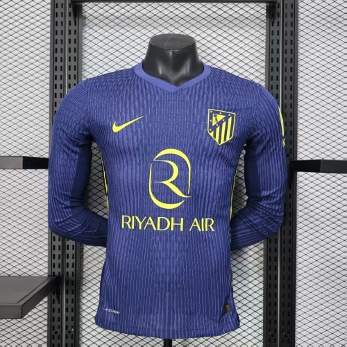 2025/26 Atlético Madrid Away Long Sleeve Player Version Jersey - Deep Navy Body All-Over Subtle Vertical Pinstripe Tonal Texture Deep Navy V-Neck Collar - Nike Volt Yellow-Green Swoosh - Atlético Madrid Official Shield Crest Volt Yellow-Green - Men's