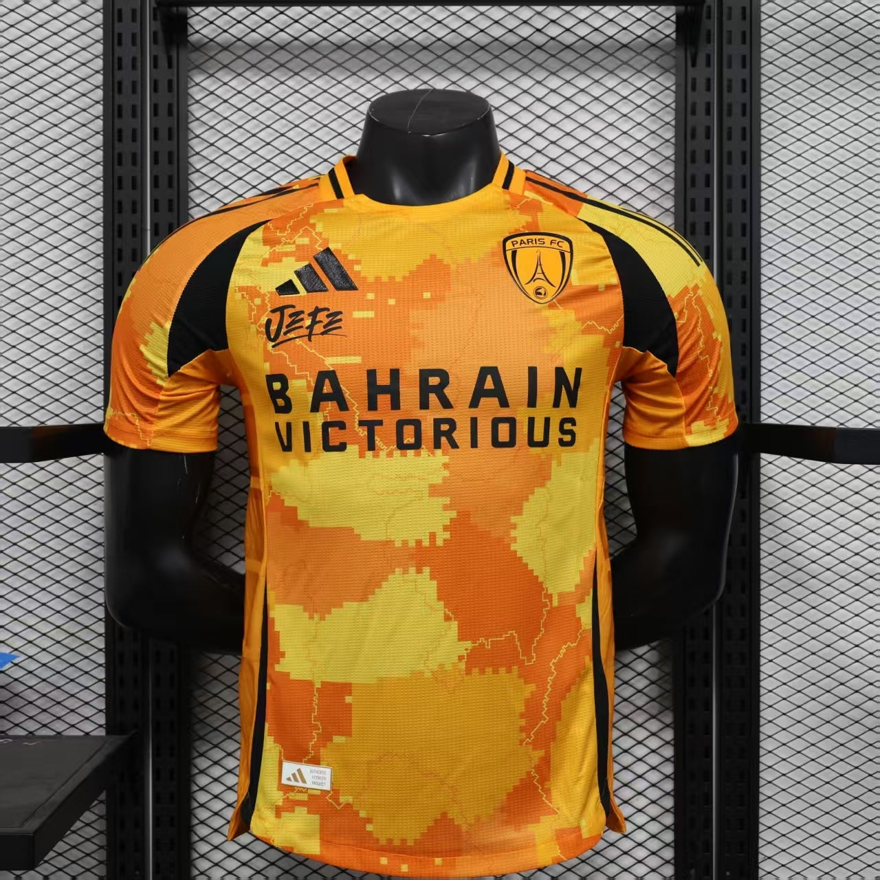2025/26 Paris FC Away Player Version Jersey -  Orange Yellow Pixel Camo Map Pattern - Bahrain Victorious - Black Sleeves
