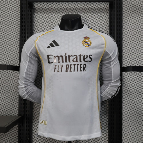 2025/26 Real Madrid Home Long Sleeve Player Version Jersey - White Grey Tonal Fine Texture - Gold Yellow Side Seam Piping - Emirates Fly Better
