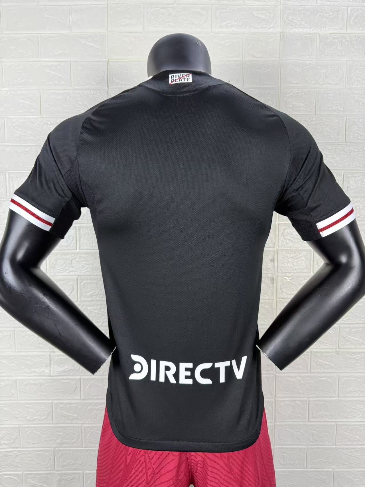 2025/26 River Plate Away Player Version Jersey -  Black Red Vertical Wide Stripe - White Red Striped V-Neck Collar - Betano White Sponsor