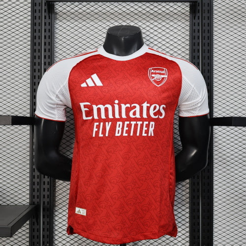 2025/26 Arsenal Home Player Version Jersey - Red Body White Sleeves All-Over Subtle Graphic Texture - White Three Stripes - Arsenal Cannon Crest - Emirates Fly Better Principal Sponsor - Men's