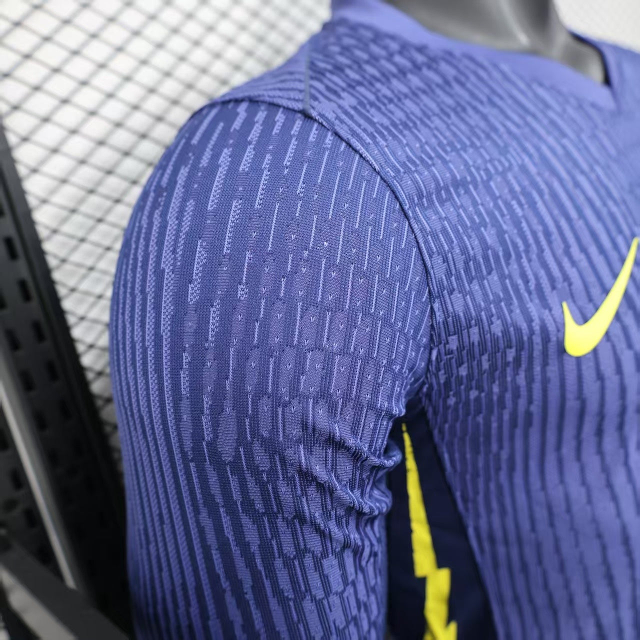 2025/26 Atlético Madrid Away Long Sleeve Player Version Jersey - Deep Navy Body All-Over Subtle Vertical Pinstripe Tonal Texture Deep Navy V-Neck Collar - Nike Volt Yellow-Green Swoosh - Atlético Madrid Official Shield Crest Volt Yellow-Green - Men's